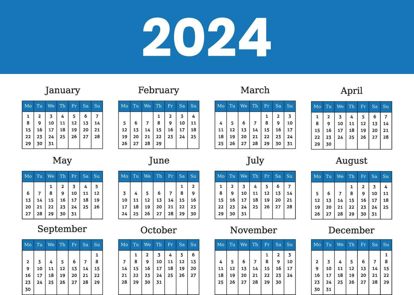 2024 years calendar. Calender layout. Week starts Sunday. Desk planner template with 12 months. Square organizer grid. Yearly stationery diary. Vector .Monthly calendar template blue and black