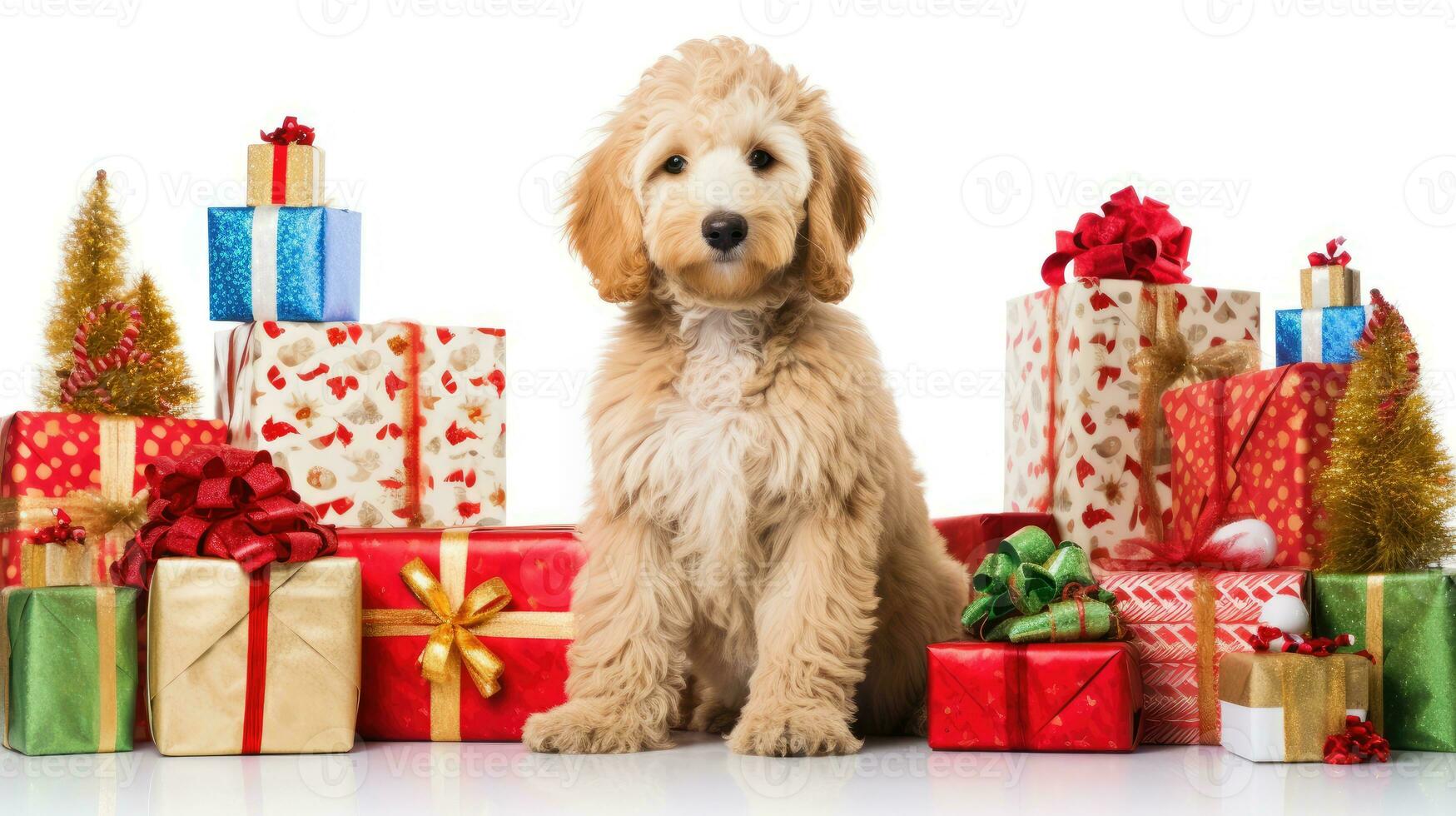 AI generated Cute dog puppy retriever with christmas gift boxes concept photo poster merry present red new year