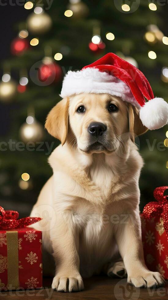 AI generated Cute dog puppy retriever with christmas gift boxes concept photo poster merry present red new year