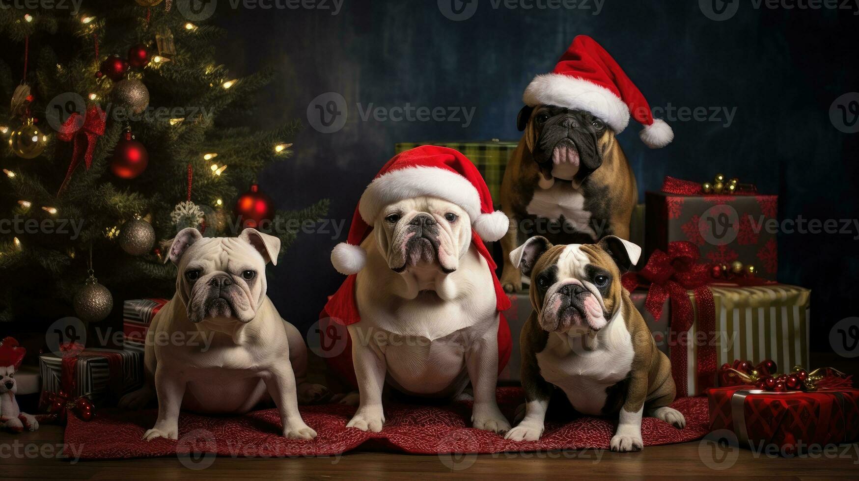 AI generated Cute dog puppy retriever with christmas gift boxes concept photo poster merry present red new year