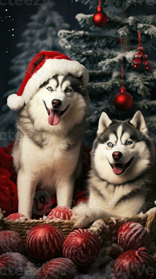 AI generated Cute dog puppy with christmas gift boxes concept photo poster merry present red new year