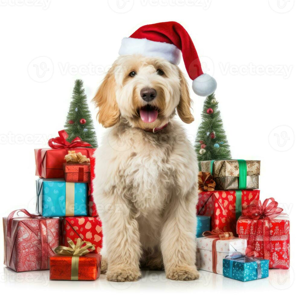 AI generated Cute dog puppy retriever with christmas gift boxes concept photo poster merry present red new year