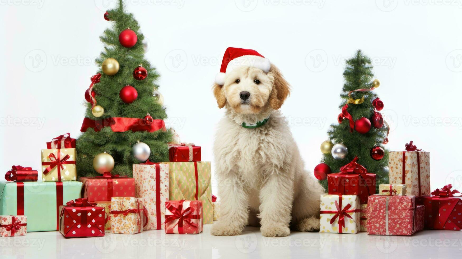 ai generado linda perro perrito perdiguero con Navidad regalo cajas concepto foto póster alegre presente rojo nuevo año