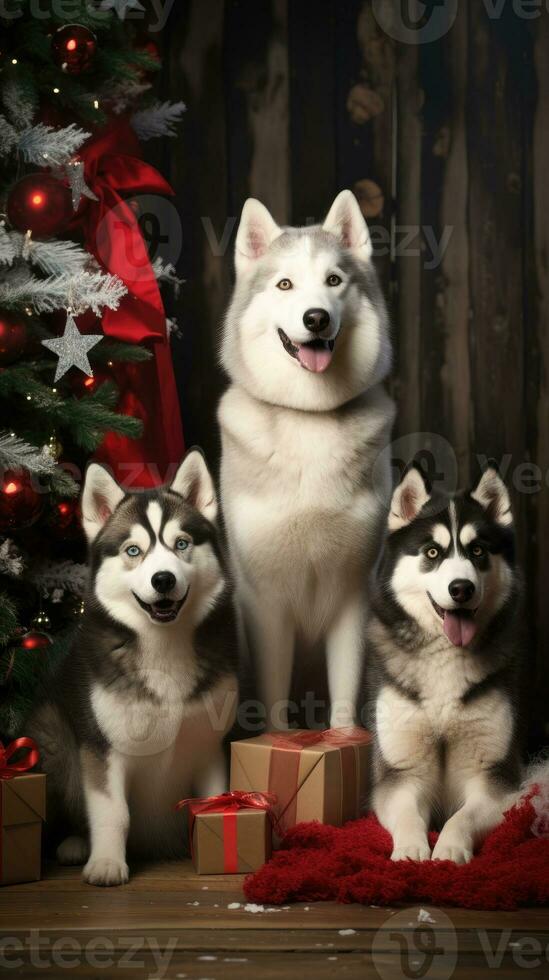 AI generated Cute dog husky wolf puppy with christmas gift boxes concept photo poster merry present red new year