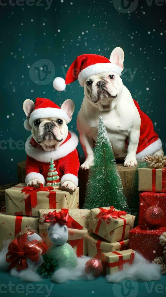 ai generado linda perro perrito con Navidad regalo cajas concepto foto póster alegre presente rojo nuevo año