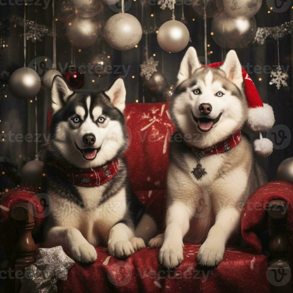 AI generated Cute dog puppy with christmas gift boxes concept photo poster merry present red new year