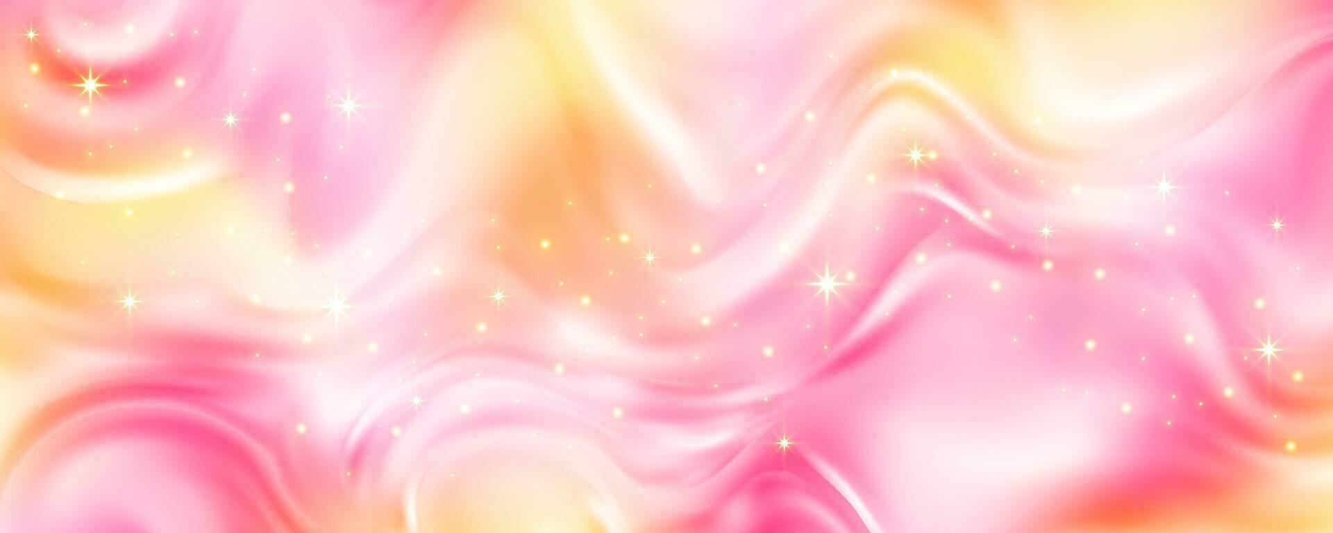 Pink gradient background. Orange and yellow mesh pastel backdrop. Peach warm blurry sky with stars and bokeh. Liquid fluid texture vector