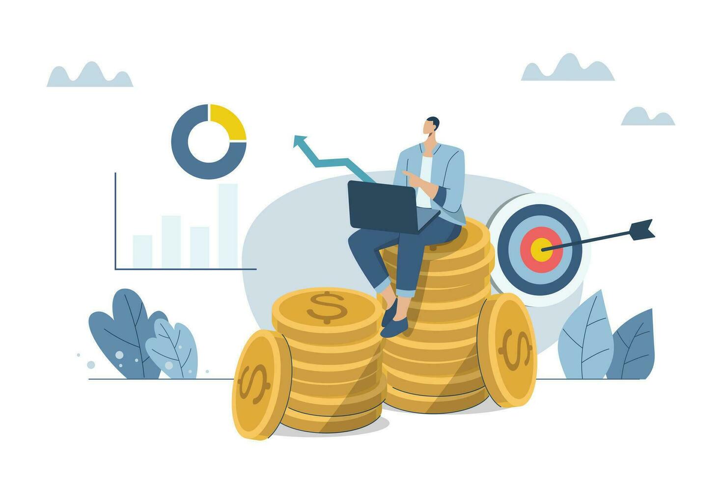 Leaders or executives who have vision, have all round abilities and are successful in their careers, Achieve the goal, Businessman sitting on a big pile of gold coins or money. Vector illustration.