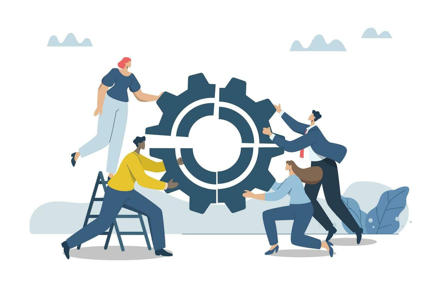 Connecting business mechanisms, Partnering to increase organizational efficiency, Working together as a team to succeed, Business men and women work together to connect gears or cogs wheel together. vector