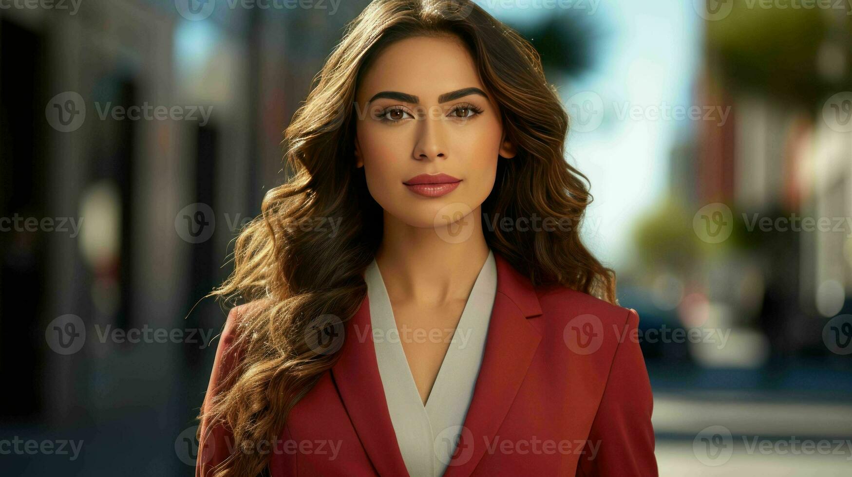 AI generated beautiful and confident latina woman entrepreneur wearing elegant business suit photo