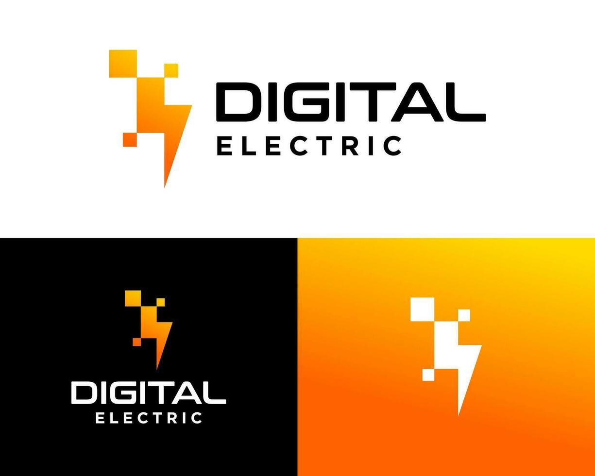 Power lightning bolt electric digital pixel technology logo design. vector