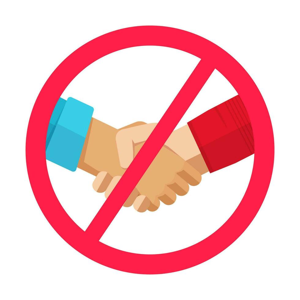 Stop hand shake sign not to spread infection virus or prohibition of people handshake caution icon vector flat cartoon illustration, idea of pandemic warning or forbidden symbol modern design image
