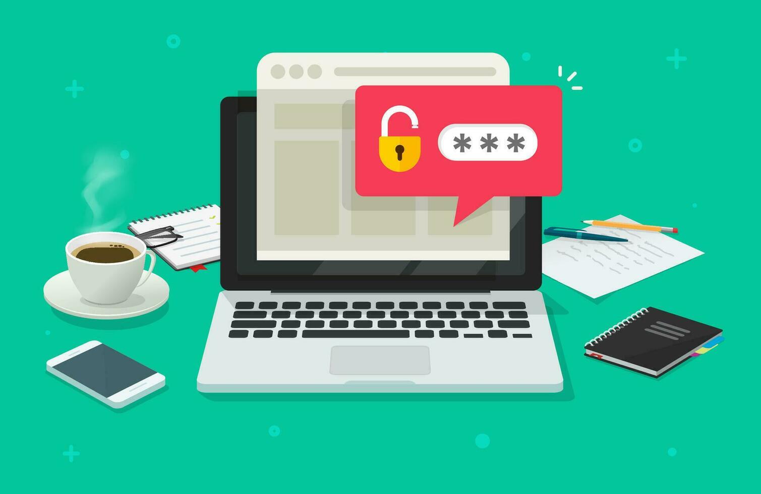 Laptop computer with password notification and lock icon vector flat cartoon, concept of online security, personal access, user authorization, login form icon, internet protection or privacy image