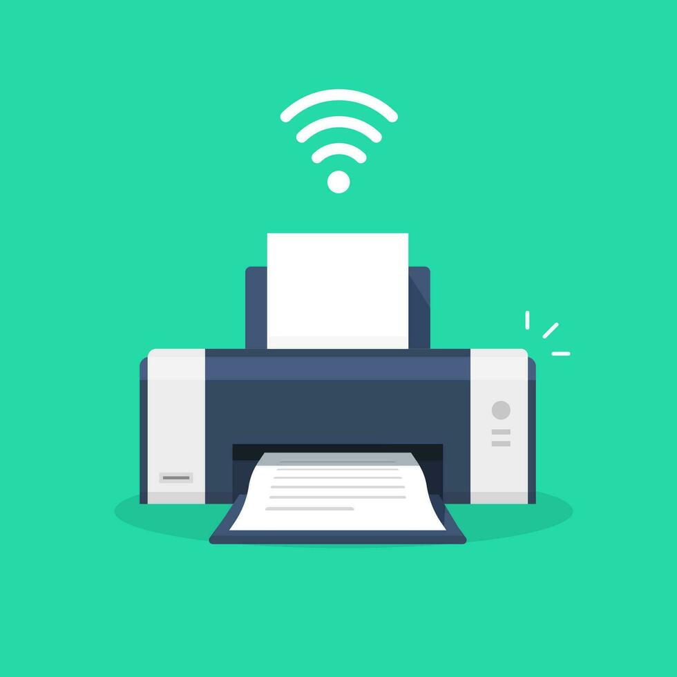 Printer icon with wifi wireless symbol or ink jet fax wi-fi print technology pictogram flat cartoon vector illustration isolated, modern design laser-jet clipart image