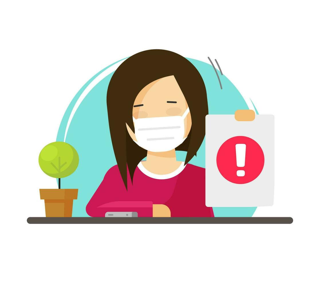 Woman person advise wear medical face mask vector flat cartoon illustration, female character protected with medicine surgery mask caution warning sign isolated modern design pictogram image