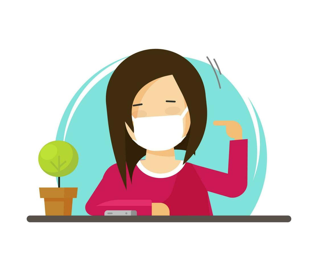 Girl or woman character person advising to wear medical face mask sitting on table desk vector illustration flat cartoon modern design image