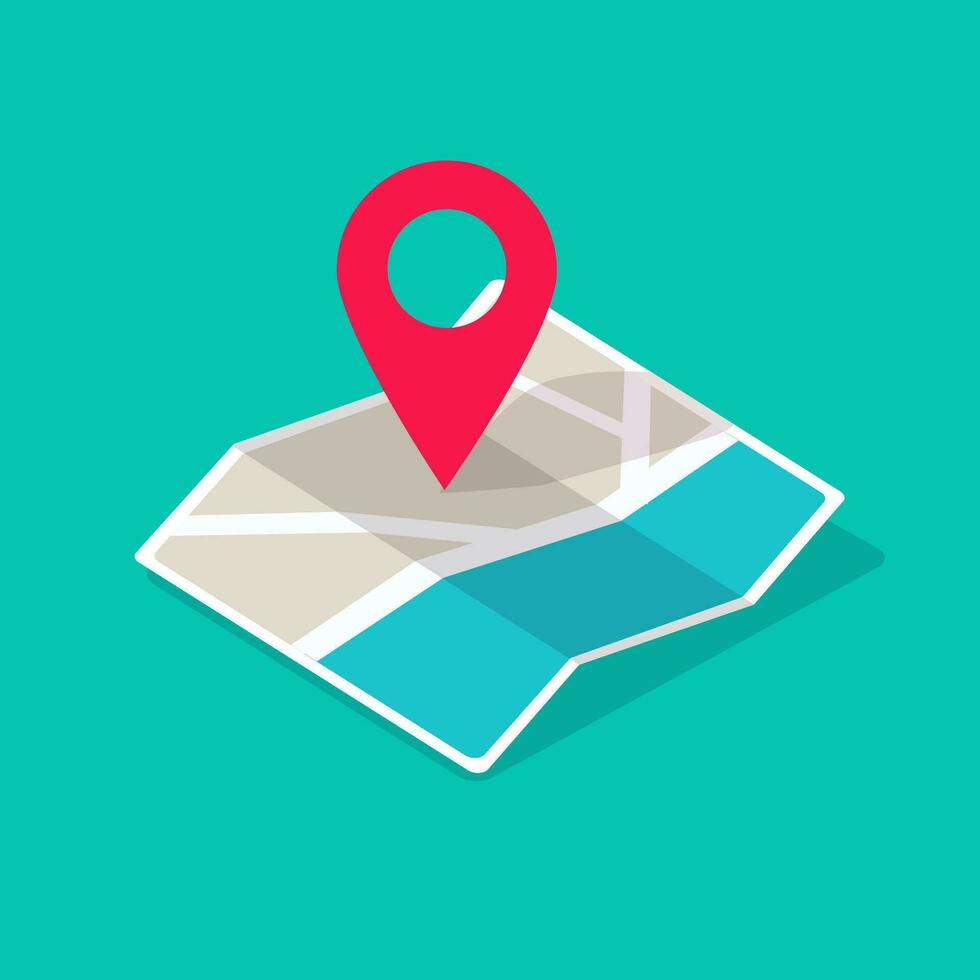 Map icon isometric with destination location pin pointer vector illustration flat cartoon, concept of GPS position symbol or direction route pictogram with city road street modern design image