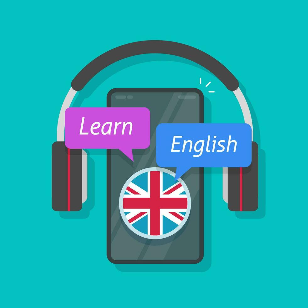 Learn english or foreign language online on mobile phone or smartphone education vector concept flat cartoon style illustration, cellphone with headphones or headset and study courses isolated image