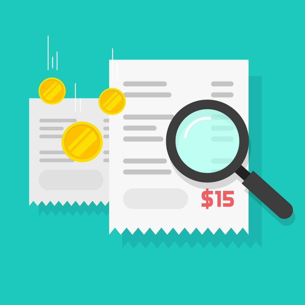 Budget billing calculation or money payment audit check vector flat cartoon illustration, paper receipts with money and magnifying glass researching fraud pay modern design image