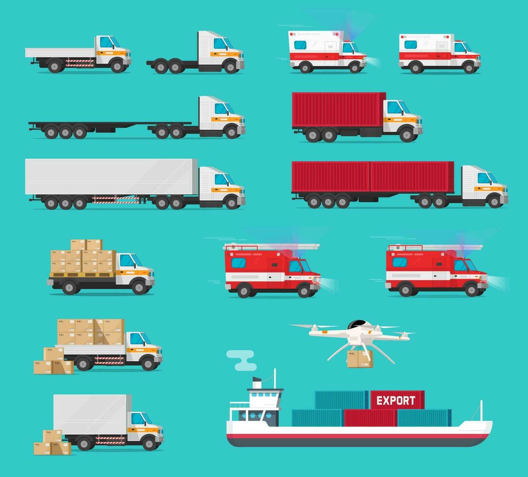 Delivery transportation cargo vehicles set or freight transport automobiles and ship vessel shipping container side view vector flat cartoon illustration, trucks and vans industry warehouse car design