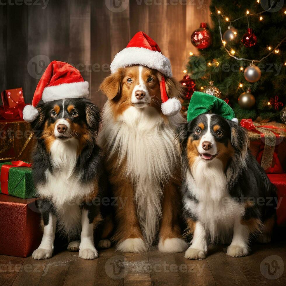 AI generated Cute dog puppy retriever with christmas gift boxes concept photo poster merry present red new year