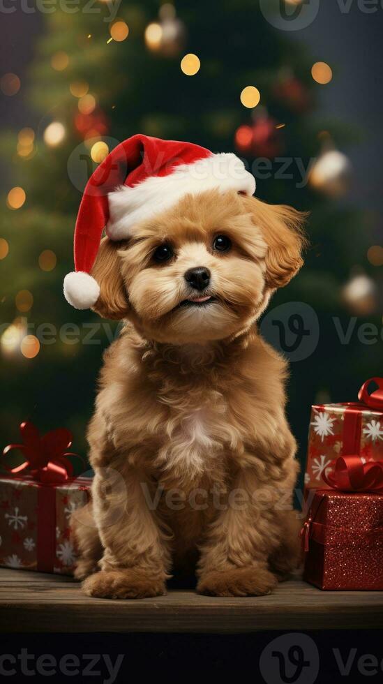 AI generated Cute dog puppy retriever with christmas gift boxes concept photo poster merry present red new year