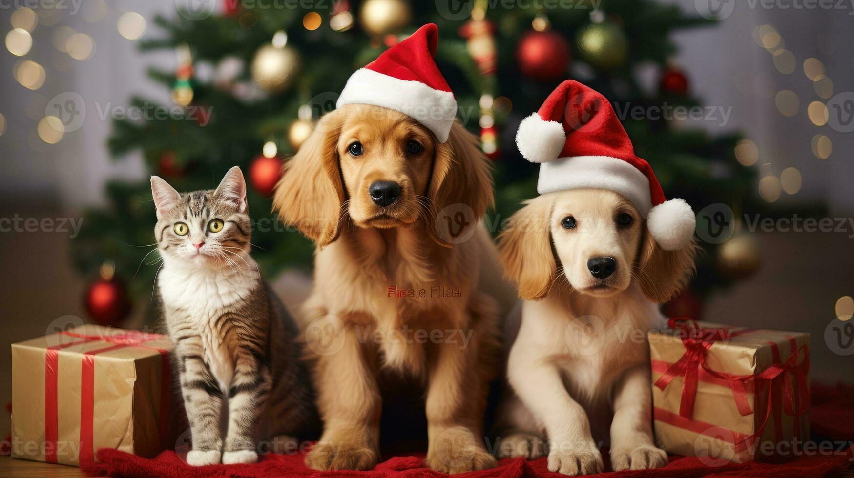 AI generated Cute dog puppy retriever with christmas gift boxes concept photo poster merry present red new year