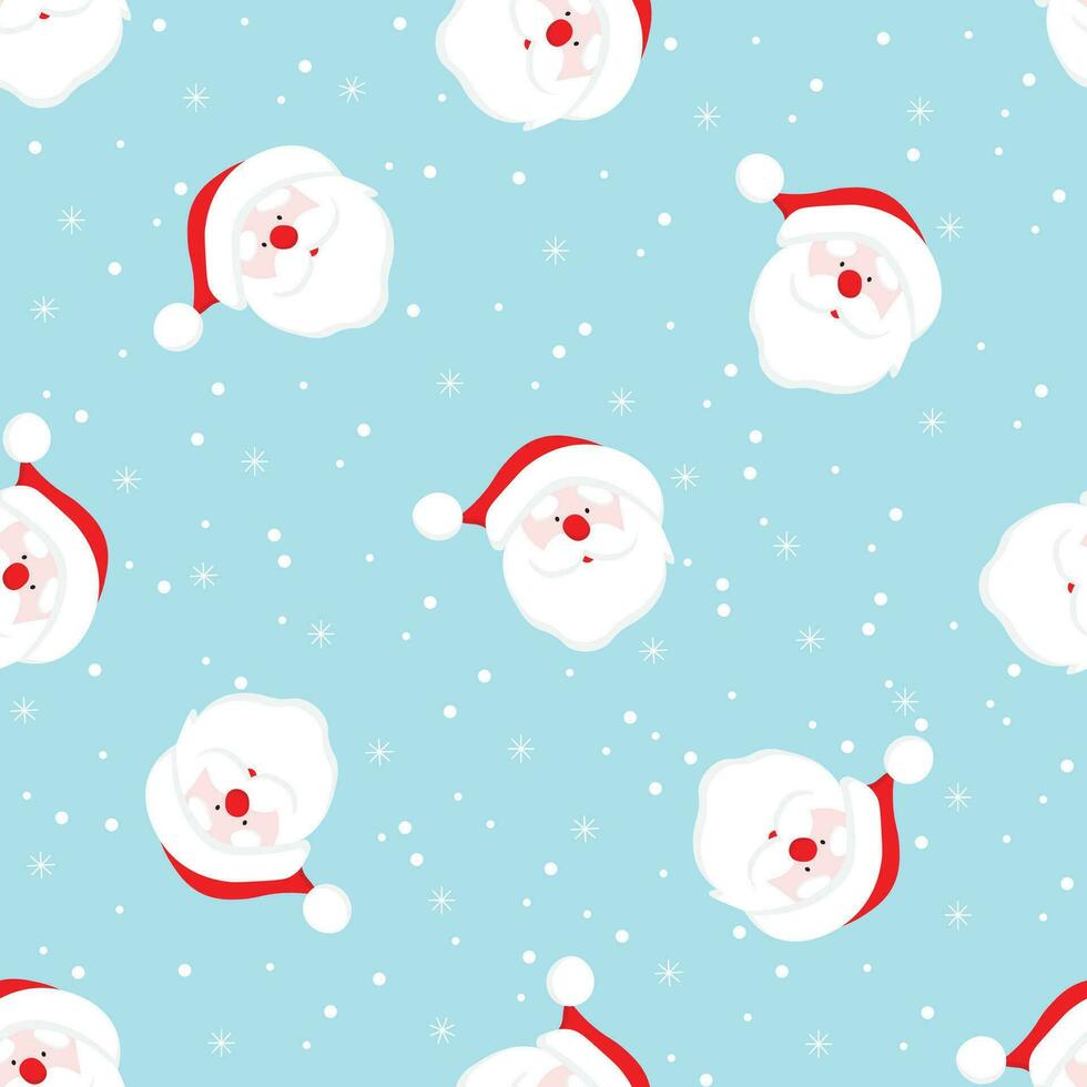 Cheerful Santa face  with snowflakes on blue background. Christmas seamless pattern for greeting card, wrapping paper, , fabrics, home decor, scrapbooking vector