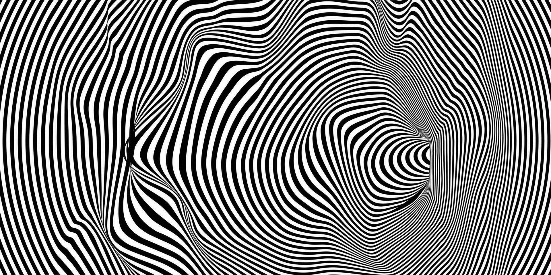 Geometric abstract hypnotic wormhole tunnel. Optical Illusion background. Black and white pattern, spherical volume vector