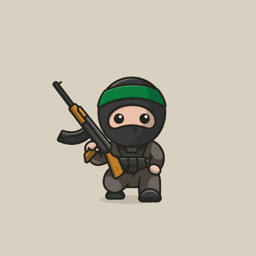 Cute palestinian fighter holding a weapon cartoon vector illustration freedom palestine concept icon isolated