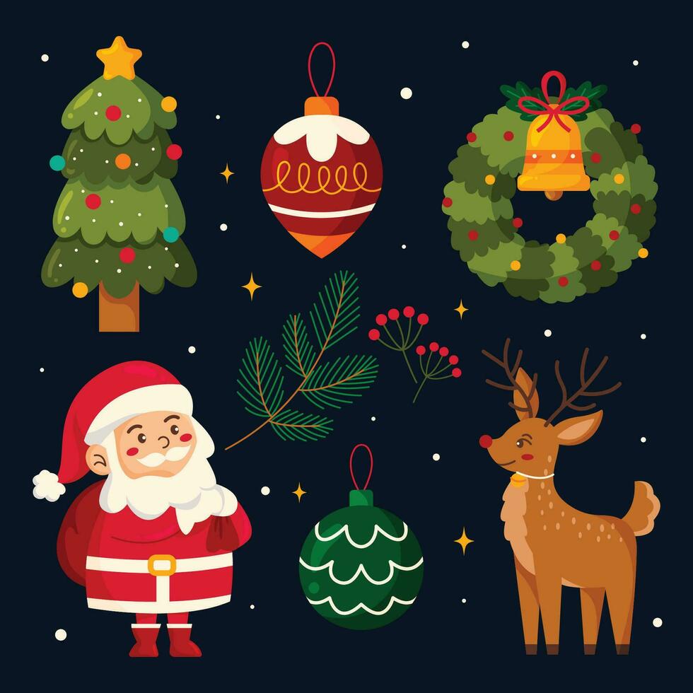 Illustration vector asset for Merry Christmas Holiday New Year 2024 with santa claus, deer, tree, leaf and bell doodle cute package set