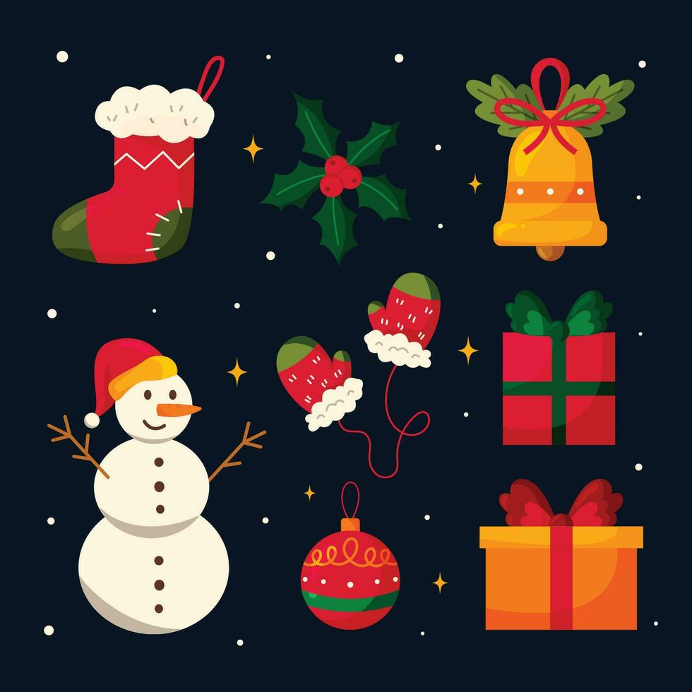 Illustration vector asset for Merry Christmas Holiday New Year 2024 with snowman, leaf, socks, bells, ball, and gift box doodle cute package set