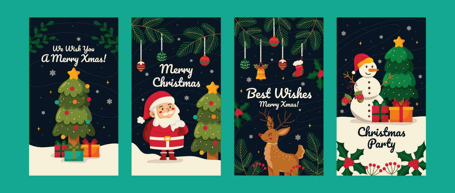 póster y historia carretes social medios de comunicación vertical alegre Navidad celebracion con ilustración de Papa Noel claus y monigote de nieve vector colección para contento nuevo año 2024