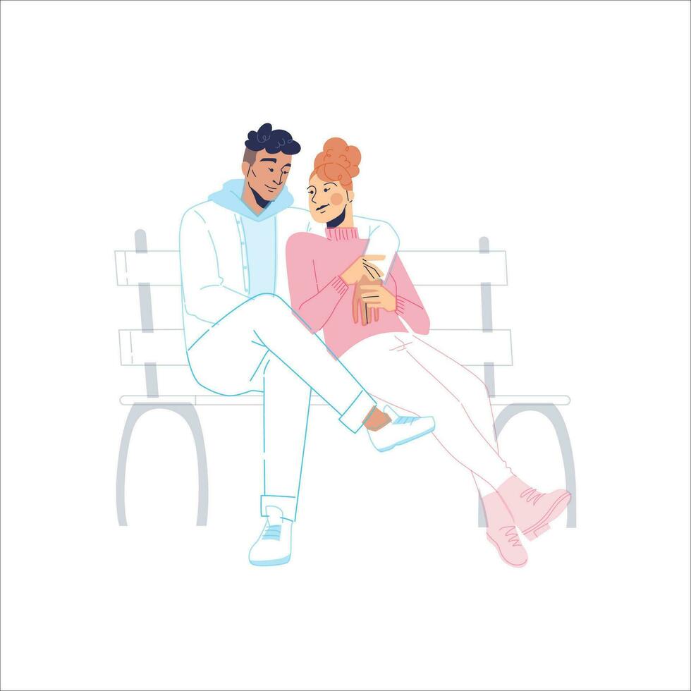 Vector illustration of sitting together on a park bench. very romantic atmosphere