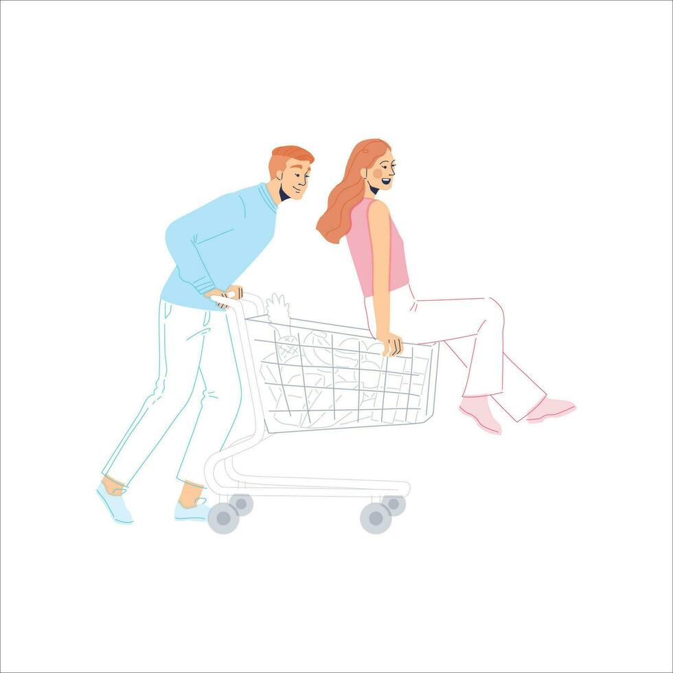 Illustration of shopping together. woman sitting in a shopping trolley and being pushed by her lover vector