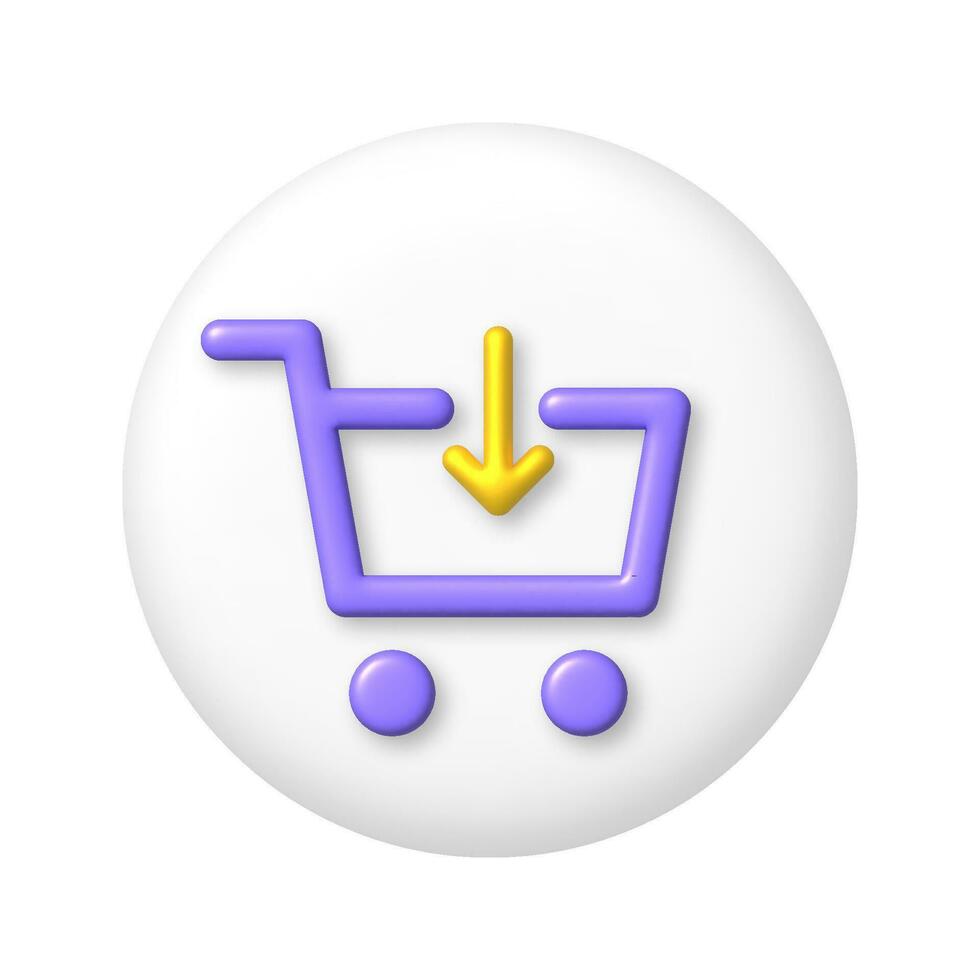 Purple shopping cart with gold arrow icon on white round buttons. 3D vector illustration.