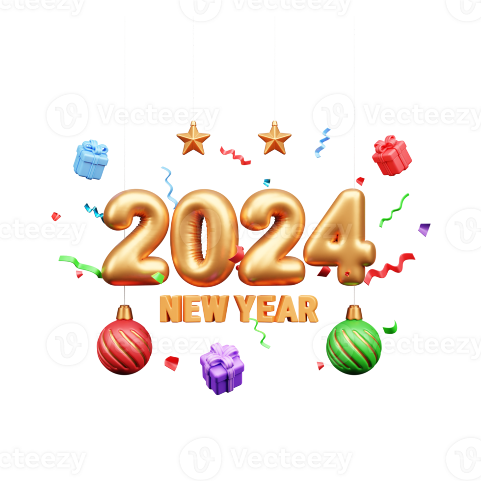 Happy New Year 2024 Celebration 3D Illustration or happy new year 2024