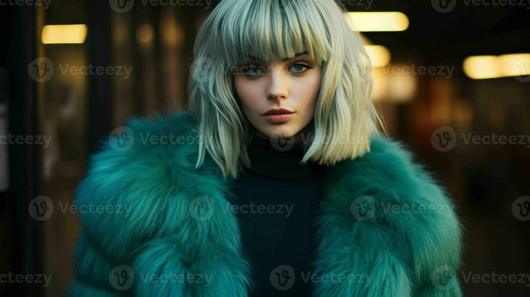 AI generated Beautiful Woman with bangs hairstyle and wearing fashion fur coat photo