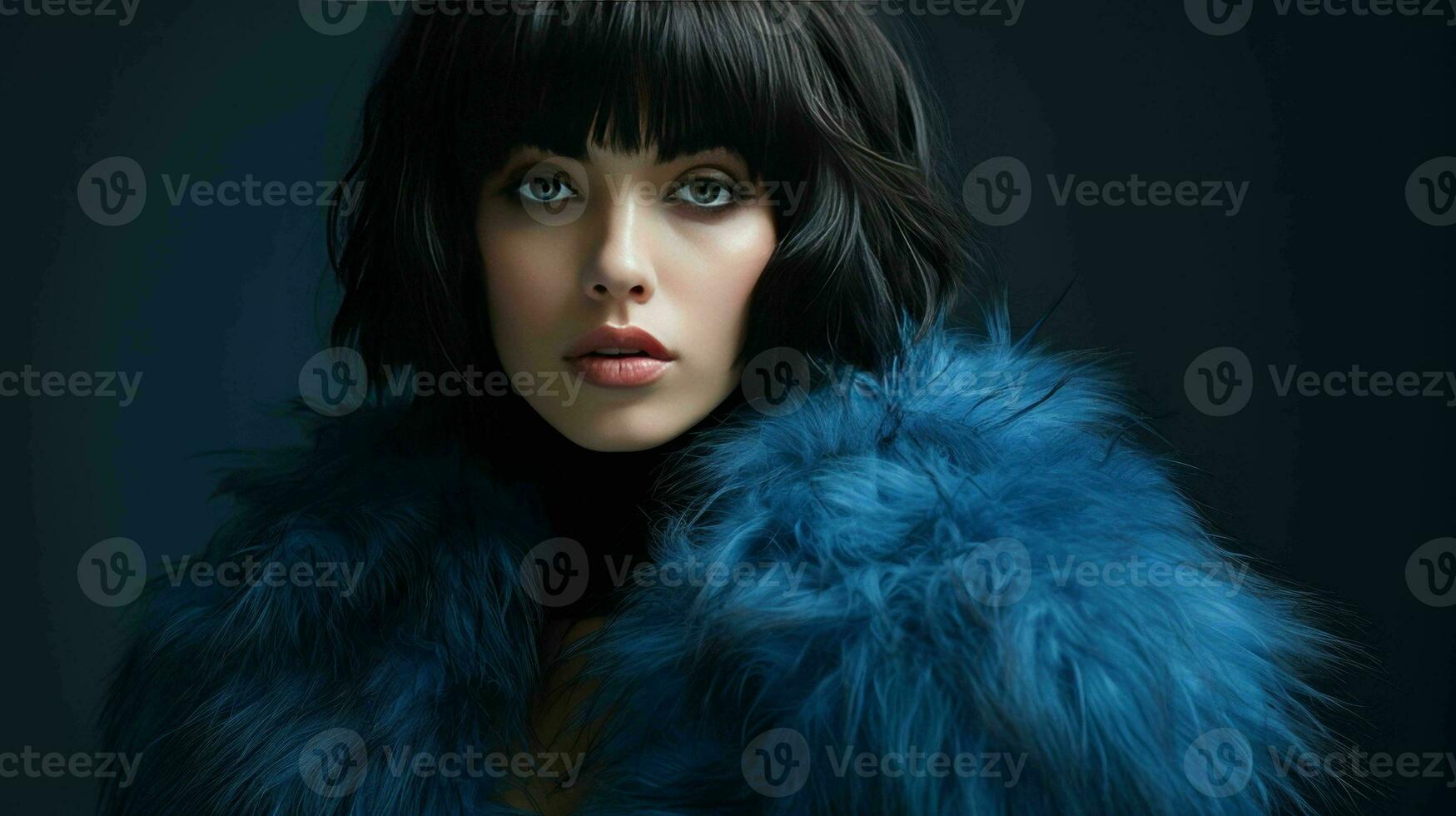 AI generated Beautiful Woman with bangs hairstyle and wearing fashion fur coat photo