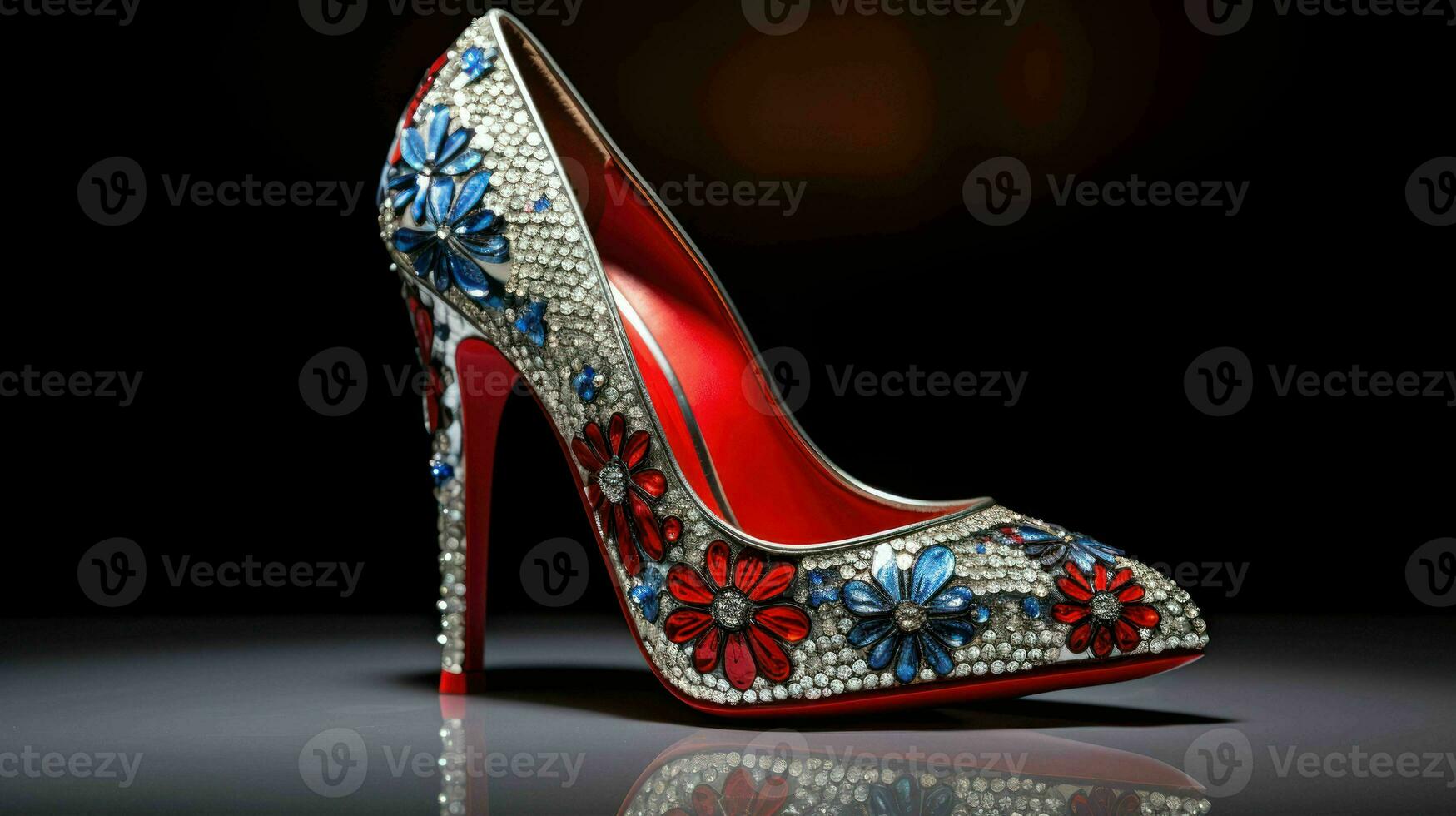 AI generated a high heeled shoe with red, white and blue flowers photo