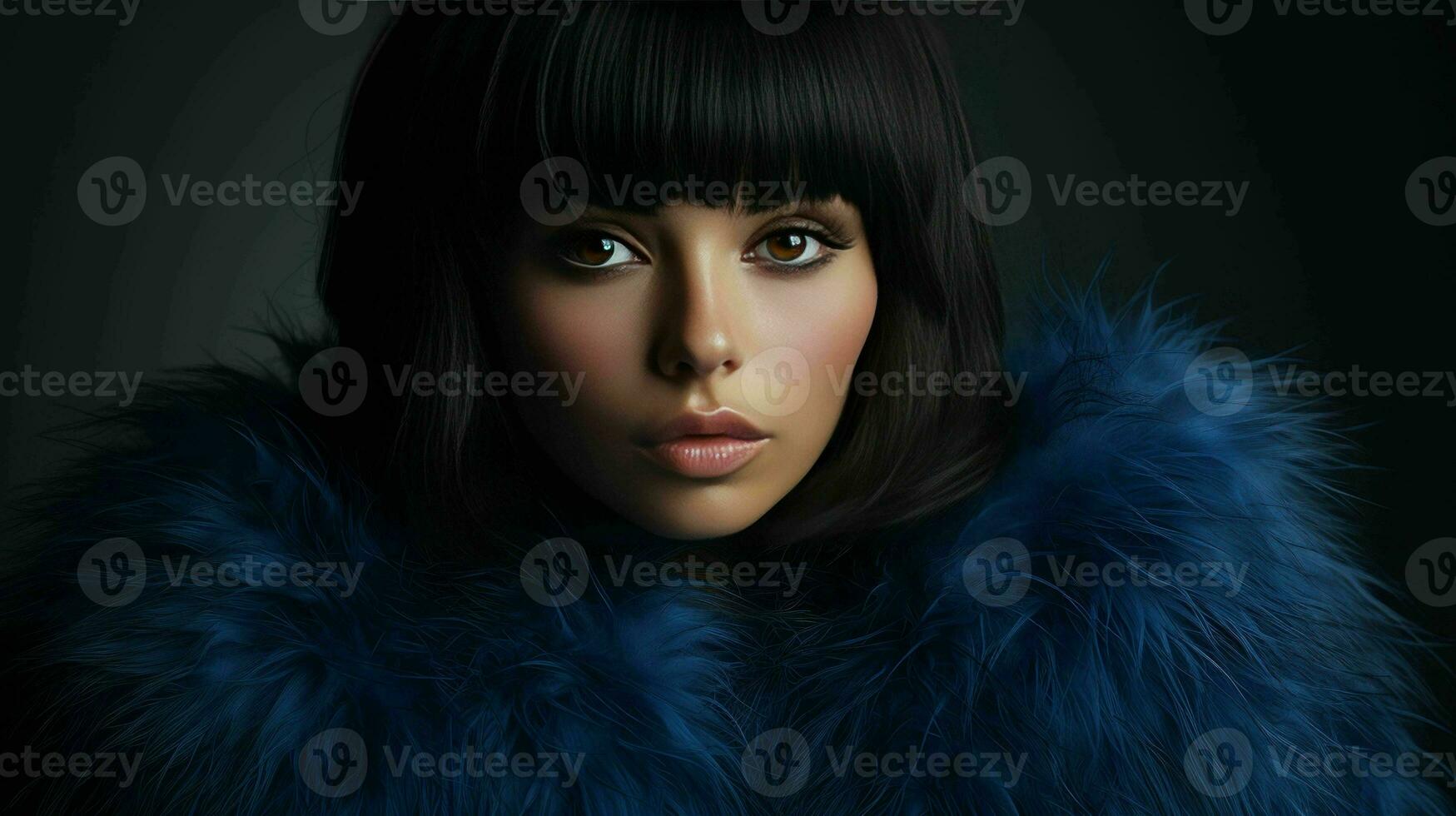 AI generated Beautiful Woman with bangs hairstyle and wearing fashion fur coat photo