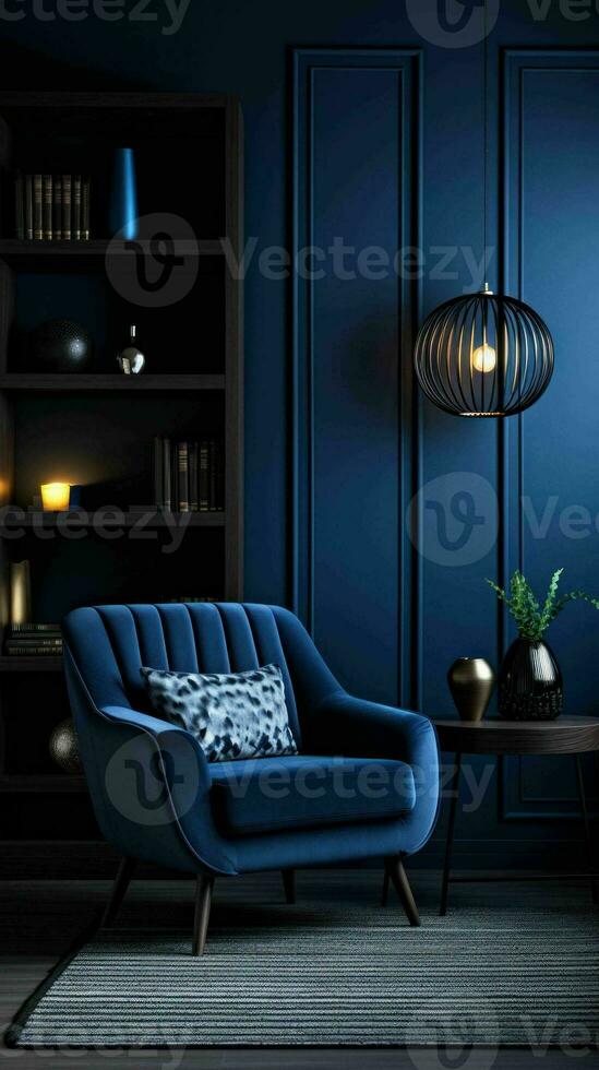 ai generado oscuro azul moderno estilo vivo habitación interior foto