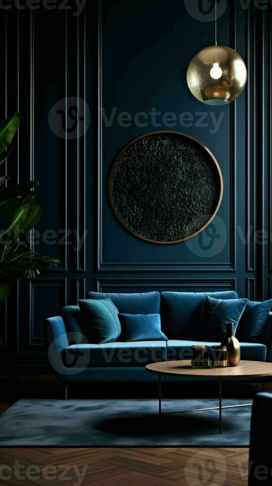 AI generated Dark blue modern style living room interior photo