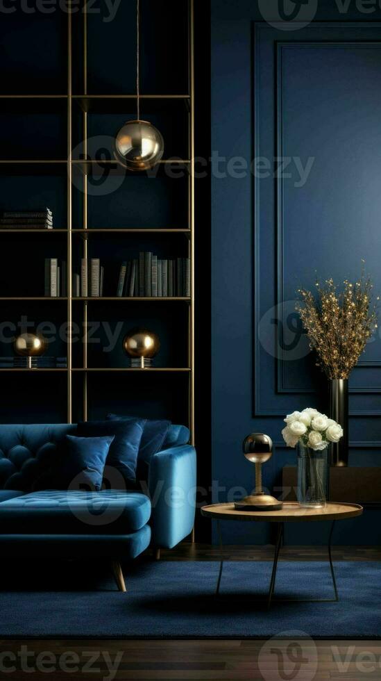 AI generated Dark blue modern style living room interior photo