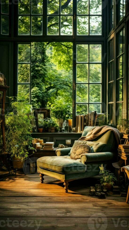 AI generated a living room with a couch, bookshelf and windows photo