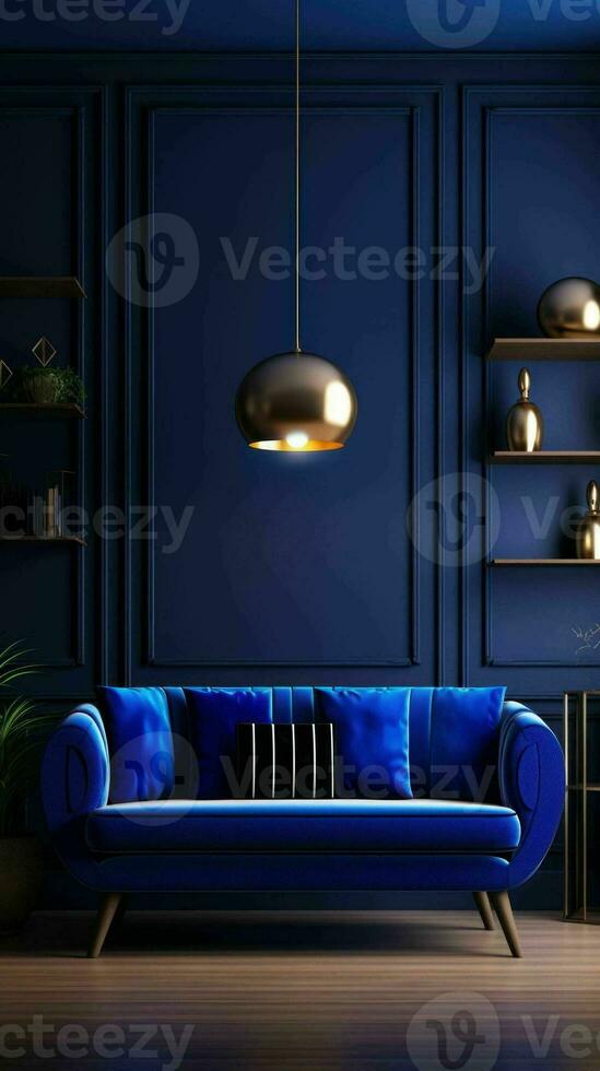 ai generado oscuro azul moderno estilo vivo habitación interior foto