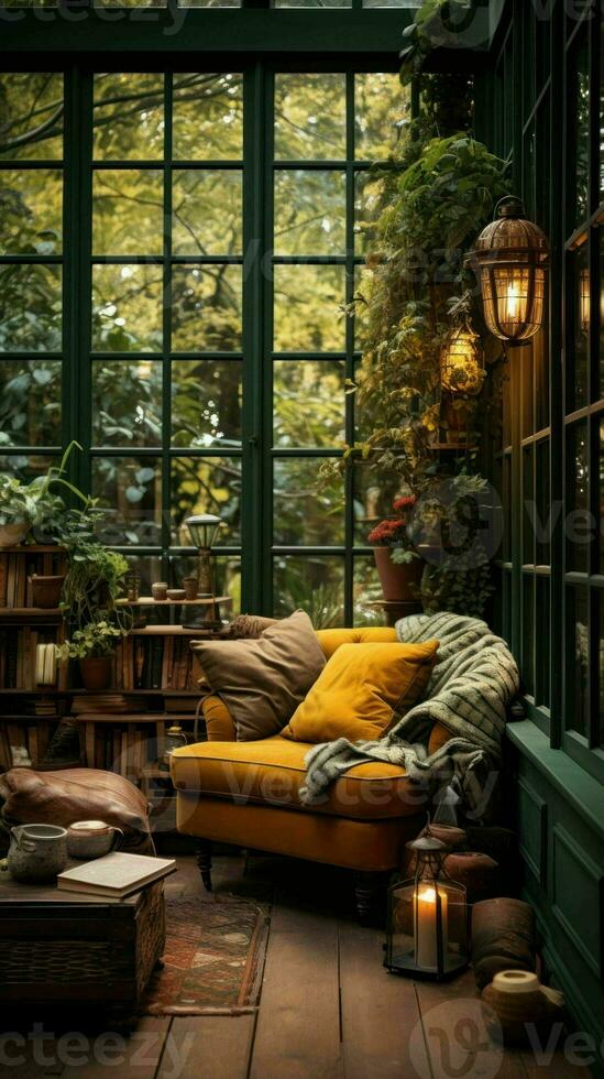 AI generated a living room with a couch, bookshelf and windows photo
