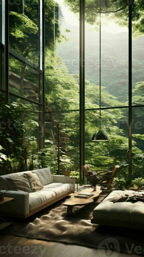 AI generated a living room with a view of the mountains photo