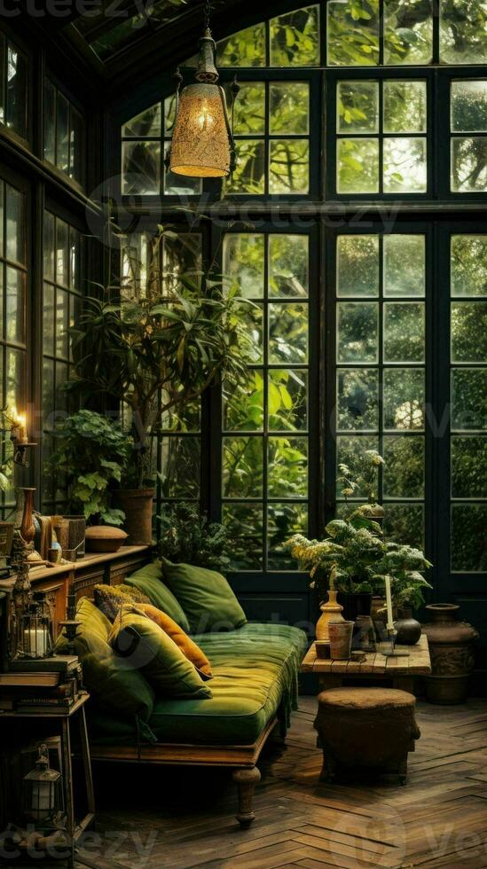 AI generated a living room with a couch, bookshelf and windows photo