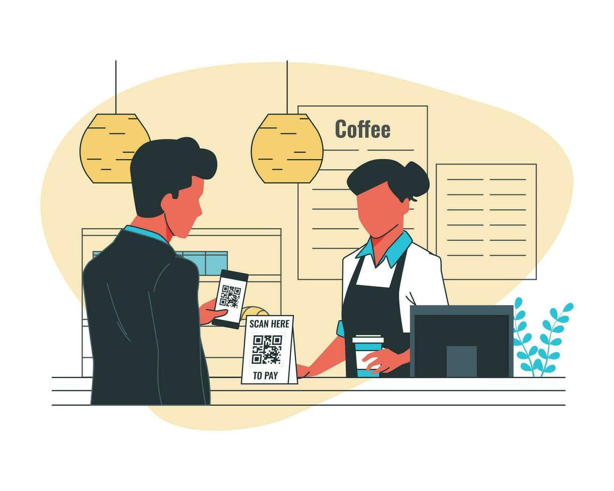 Man customer and woman cashier at the counter of cafe pay with contactless payment vector